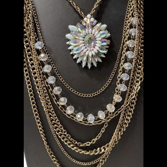 Vintage 1980's Multi-Strands Necklace w/ Aqua and Aurora Borealis Floral Pendant - Picture 4 of 6